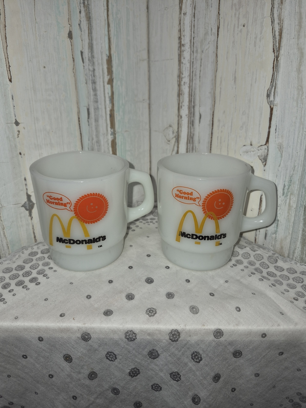 2 McDonald's White Milk Glass 'Good Morning' Coffee Mugs